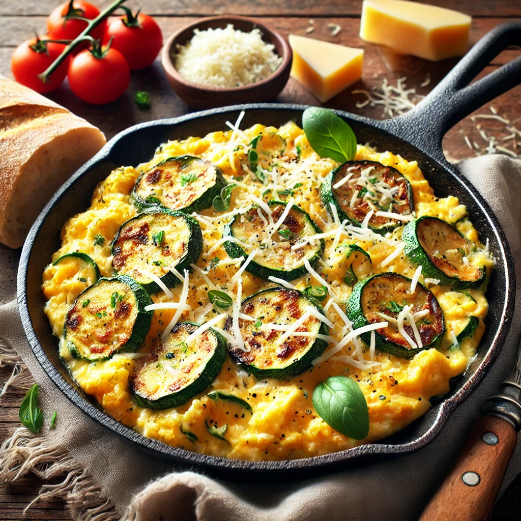 A close-up of eggs and sautéed zucchini with fresh herbs and grated Parmesan in a skillet.